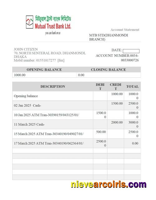 Bangladesh Mutual Trust Bank account statement Word and PDF